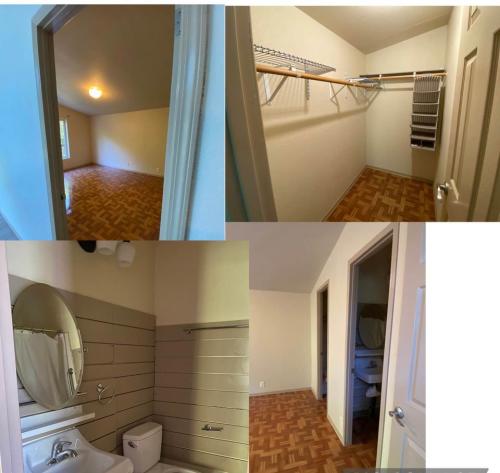 Four pictures of a room with a toilet, shower, and closet.