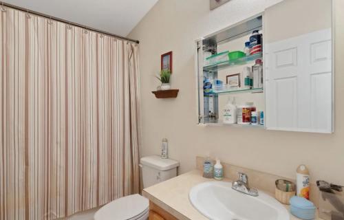 A bathroom with a sink, toilet and shower curtain.